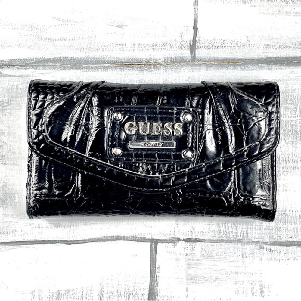 Guess Black Faux Leather Croc Embossed Long Wallet Card Holder Billfold Clutch